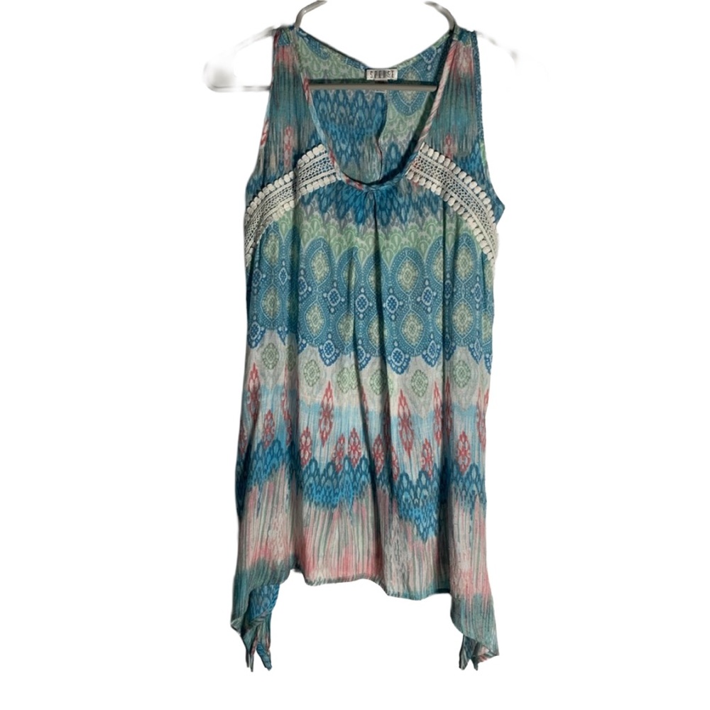 SPENSE Sleeveless Print Top with Handkerchief Style Bottom and Embroidered Top